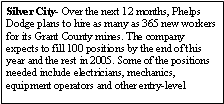 Text Box: Silver City- Over the next 12 months, Phelps Dodge plans to hire as many as 365 new workers for its Grant County mines. The company expects to fill 100 positions by the end of this year and the rest in 2005. Some of the positions needed include electricians, mechanics, equipment operators and other entry-level 