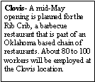 Text Box: Clovis- A mid-May opening is planned for the Rib Crib, a barbecue restaurant that is part of an Oklahoma based chain of restaurants. About 80 to 100 workers will be employed at the Clovis location.