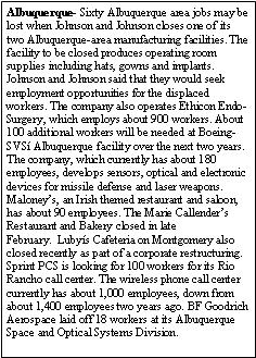 Text Box: Albuquerque- Sixty Albuquerque area jobs may be lost when Johnson and Johnson closes one of its two Albuquerque-area manufacturing facilities. The facility to be closed produces operating room supplies including hats, gowns and implants. Johnson and Johnson said that they would seek employment opportunities for the displaced workers. The company also operates Ethicon Endo-Surgery, which employs about 900 workers. About 100 additional workers will be needed at Boeing-SVS Albuquerque facility over the next two years. The company, which currently has about 180 employees, develops sensors, optical and electronic devices for missile defense and laser weapons. Maloneys, an Irish themed restaurant and saloon, has about 90 employees. The Marie Callenders Restaurant and Bakery closed in lateFebruary.  Lubys Cafeteria on Montgomery also closed recently as part of a corporate restructuring.Sprint PCS is looking for 100 workers for its Rio Rancho call center. The wireless phone call center currently has about 1,000 employees, down from about 1,400 employees two years ago. BF Goodrich Aerospace laid off 18 workers at its AlbuquerqueSpace and Optical Systems Division. 