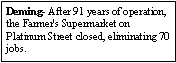 Text Box: Deming- After 91 years of operation, the Farmer's Supermarket on Platinum Street closed, eliminating 70 jobs. 
