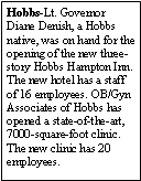 Text Box: Hobbs-Lt. Governor Diane Denish, a Hobbs native, was on hand for the opening of the new three-story Hobbs Hampton Inn. The new hotel has a staff of 16 employees. OB/Gyn Associates of Hobbs has opened a state-of-the-art, 7000-square-foot clinic. The new clinic has 20 employees.
