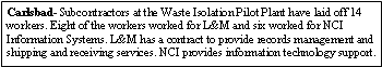 Text Box: Carlsbad- Subcontractors at the Waste Isolation Pilot Plant have laid off 14 workers. Eight of the workers worked for L&M and six worked for NCI Information Systems. L&M has a contract to provide records management and shipping and receiving services. NCI provides information technology support. 