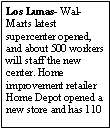 Text Box: Los Lunas- Wal-Marts latest supercenter opened, and about 500 workers will staff the new center. Home improvement retailer Home Depot opened a new store and has 110 