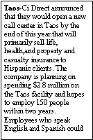 Text Box: Taos-Ci Direct announced that they would open a new call center in Taos by the end of this year.that will primarily sell life, health,and property and casualty insurance to Hispanic clients. The company is planning on spending $2.8 million on the Taos facility and hopes to employ 150 people within two years. Employees who speak English and Spanish could 