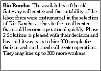 Text Box: Rio Rancho- The availability of the old Gateway call center and the suitability of the labor force were instrumental in the selection of Rio Rancho as the site for a call center that could become operational quickly. Phase 2 Solutions is pleased with their decision and has said it was easy to hire 300 people for their in-and-out bound call center operations. They may hire up to 300 more workers.