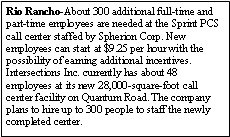 Text Box: Rio Rancho-About 300 additional full-time and part-time employees are needed at the Sprint PCS call center staffed by Spherion Corp. New employees can start at $9.25 per hour with the possibility of earning additional incentives.Intersections Inc. currently has about 48 employees at its new 28,000-square-foot call center facility on Quantum Road. The company plans to hire up to 300 people to staff the newly completed center. 