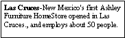 Text Box: Las Cruces-New Mexico's first Ashley Furniture HomeStore opened in Las Cruces., and employs about 50 people.