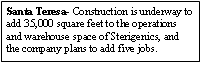 Text Box: Santa Teresa- Construction is underway to add 35,000 square feet to the operations and warehouse space of Sterigenics, and the company plans to add five jobs.