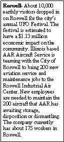 Text Box: Roswell- About 10,000 earthly visitors dropped in on Roswell for the city�s annual UFO Festival. The festival is estimated to have a $1.13 million economic impact on the community. Illinois based AAR Aircraft Service is teaming with the City of Roswell to bring 200 new aviation service and maintenance jobs to the Roswell Industrial Air Center. New employees are needed to maintain the 200 aircraft that AAR has awaiting storage, disposition or dismantling. The company currently has about 175 workers in Roswell.