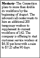 Text Box: Moriarty- The Connection plans to more than double its workforce by the beginning of August. The inbound call center wants to hire an additional 200 temporary workers to supplement its current workforce of 162. The company is offering to start customer service workers at $6.50 per hour with a raise to $7.25 after 90 days.