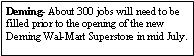 Text Box: Deming- About 300 jobs will need to be filled prior to the opening of the new Deming Wal-Mart Superstore in mid July.